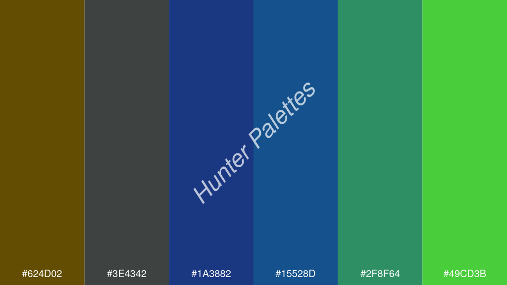királykék szín palettája a következőkkel: #624d02 #3e4342 #1a3882 #15528d #2f8f64 #49cd3b