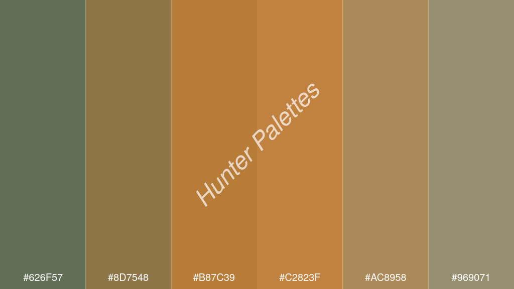 bronz szín palettája a következőkkel: #626f57 #8d7548 #b87c39 #c2823f #ac8958 #969071