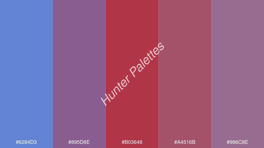 gránát szín palettája a következőkkel: #6284d3 #895d8e #b03648 #a4516b #986c8e