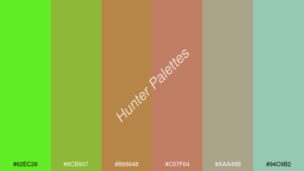 réz szín palettája a következőkkel: #62ec26 #8cb937 #b68648 #c07f64 #aaa48b #94c9b2