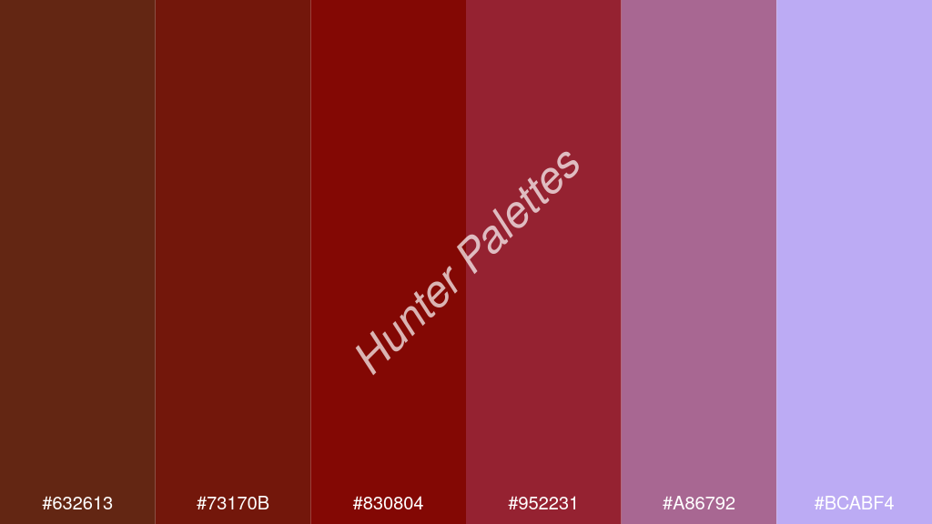 sötétvörös szín palettája a következőkkel: #632613 #73170b #830804 #952231 #a86792 #bcabf4