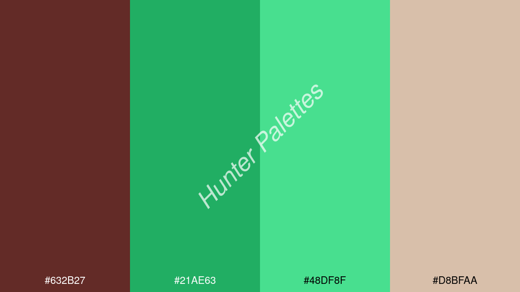 foszforeszkáló zöld szín palettája a következőkkel: #632b27 #21ae63 #48df8f #d8bfaa