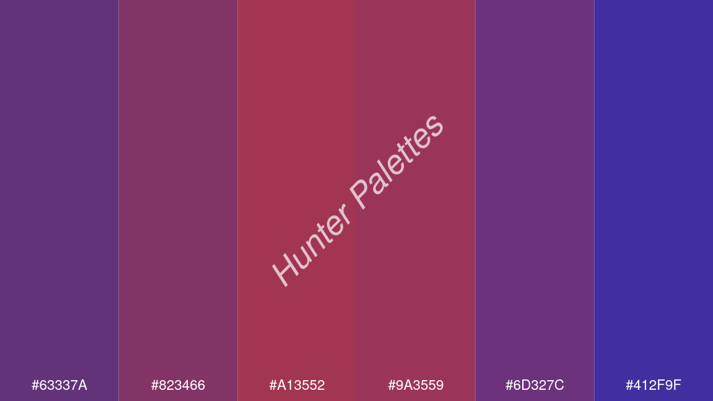 gránát szín palettája a következőkkel: #63337a #823466 #a13552 #9a3559 #6d327c #412f9f