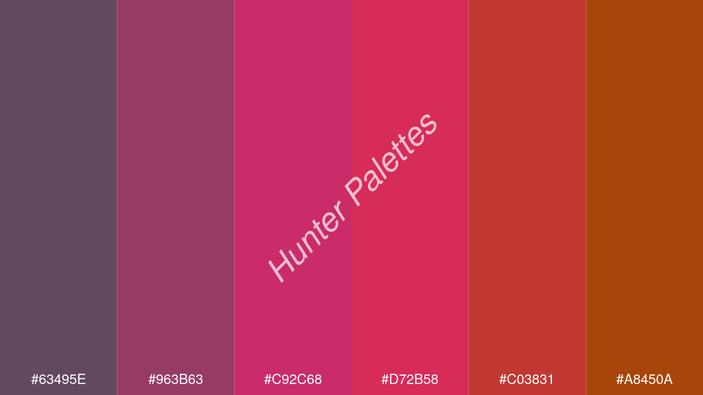 razzmatazz szín palettája a következőkkel: #63495e #963b63 #c92c68 #d72b58 #c03831 #a8450a