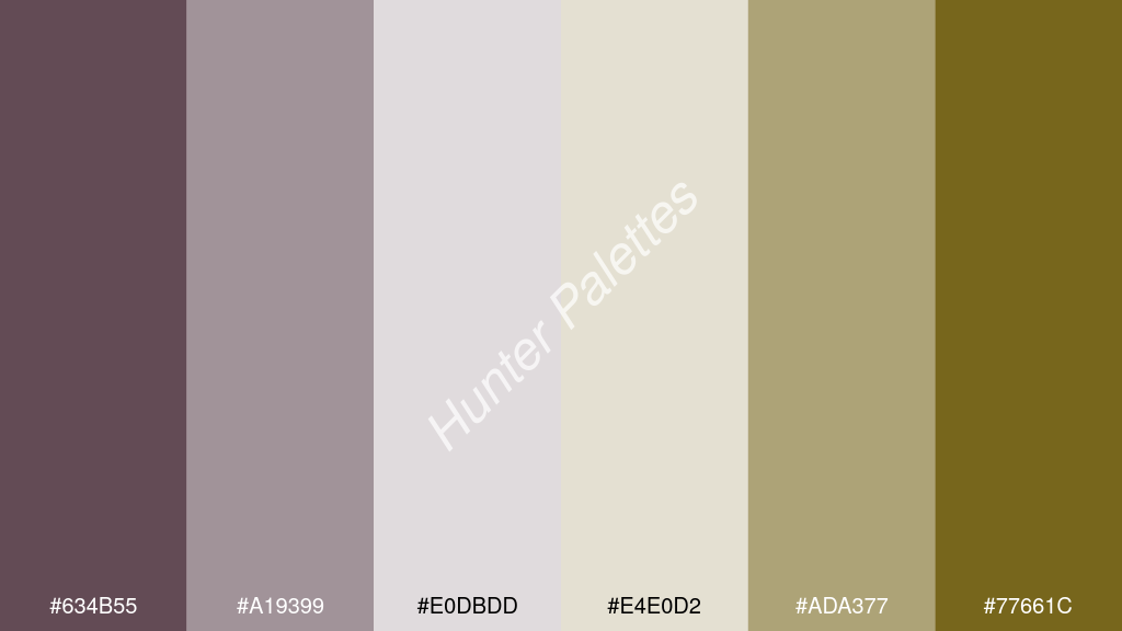 fehér szín palettája a következőkkel: #634b55 #a19399 #e0dbdd #e4e0d2 #ada377 #77661c