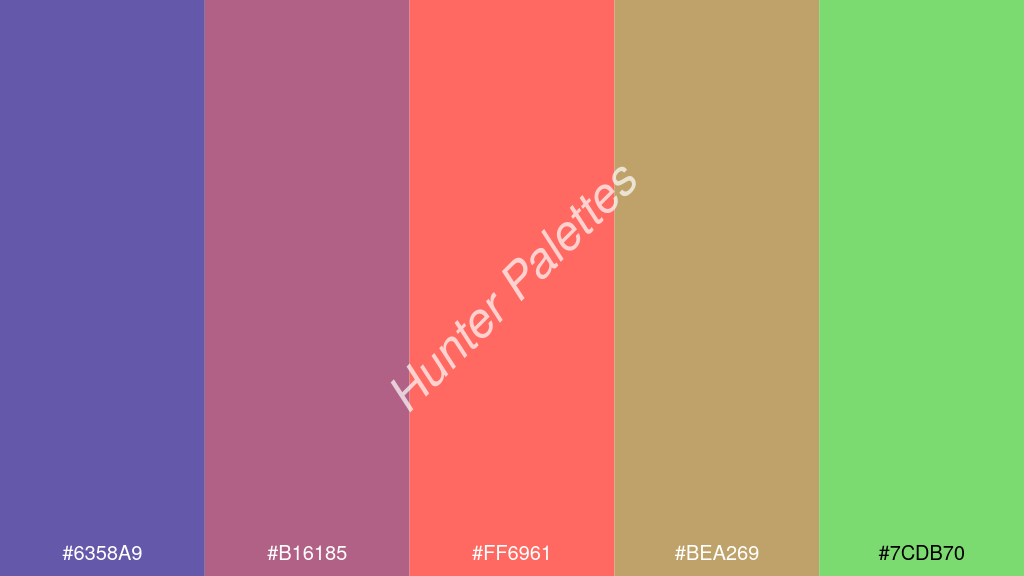 pasztell piros szín palettája a következőkkel: #6358a9 #b16185 #ff6961 #bea269 #7cdb70