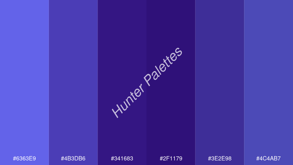 Francia kék szín palettája a következőkkel: #6363e9 #4b3db6 #341683 #2f1179 #3e2e98 #4c4ab7
