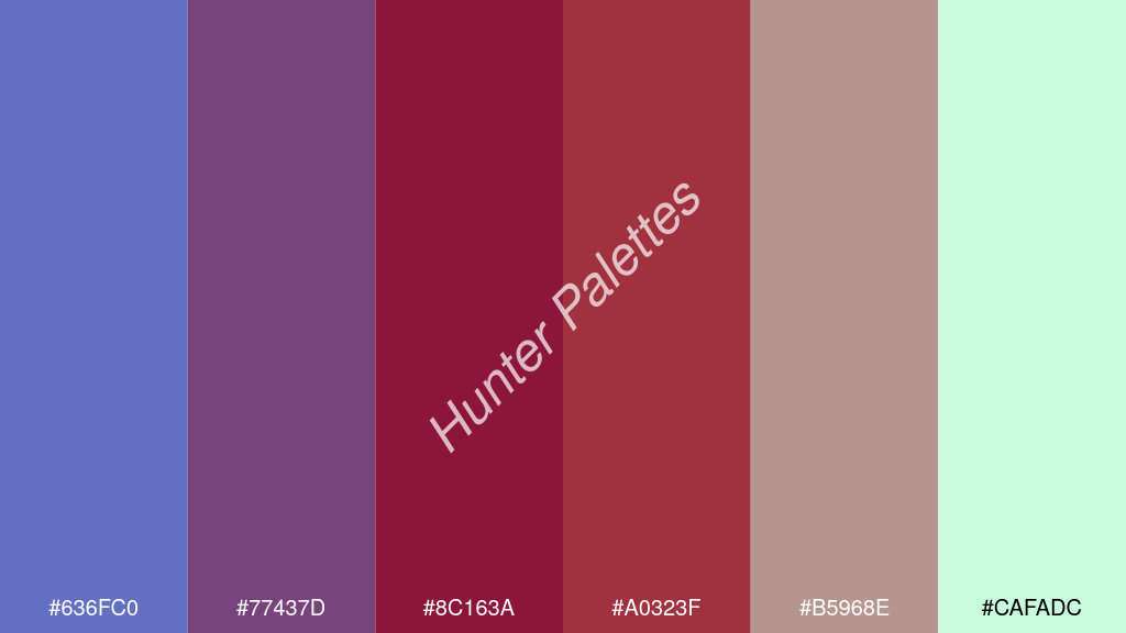 karmazsin szín palettája a következőkkel: #636fc0 #77437d #8c163a #a0323f #b5968e #cafadc