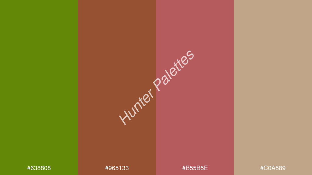 gránát szín palettája a következőkkel: #638808 #965133 #b55b5e #c0a589
