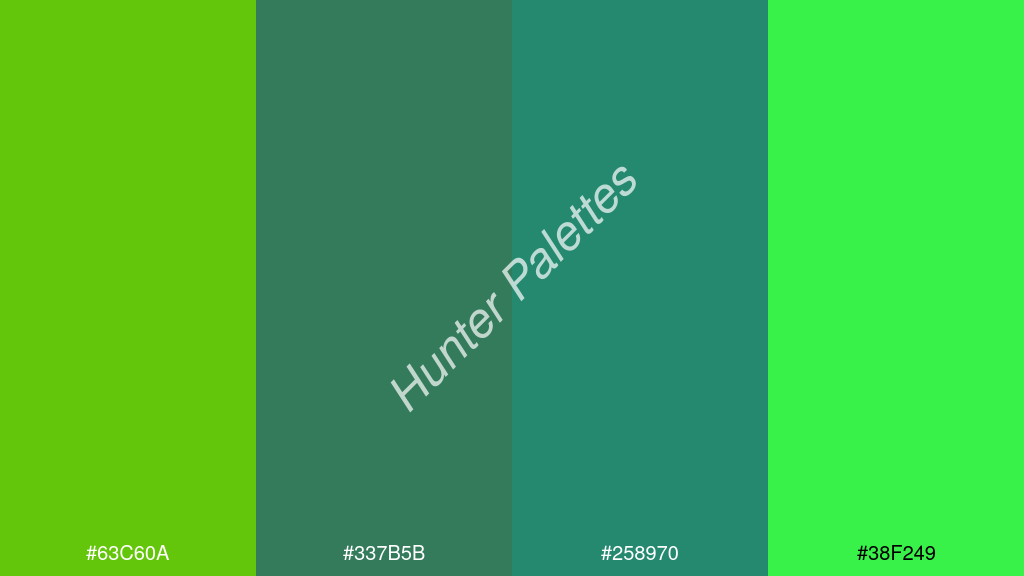 Capri kék szín palettája a következőkkel: #63c60a #337b5b #258970 #38f249