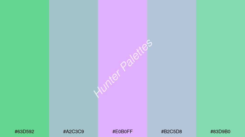 mályva szín palettája a következőkkel: #63d592 #a2c3c9 #e0b0ff #b2c5d8 #83d9b0