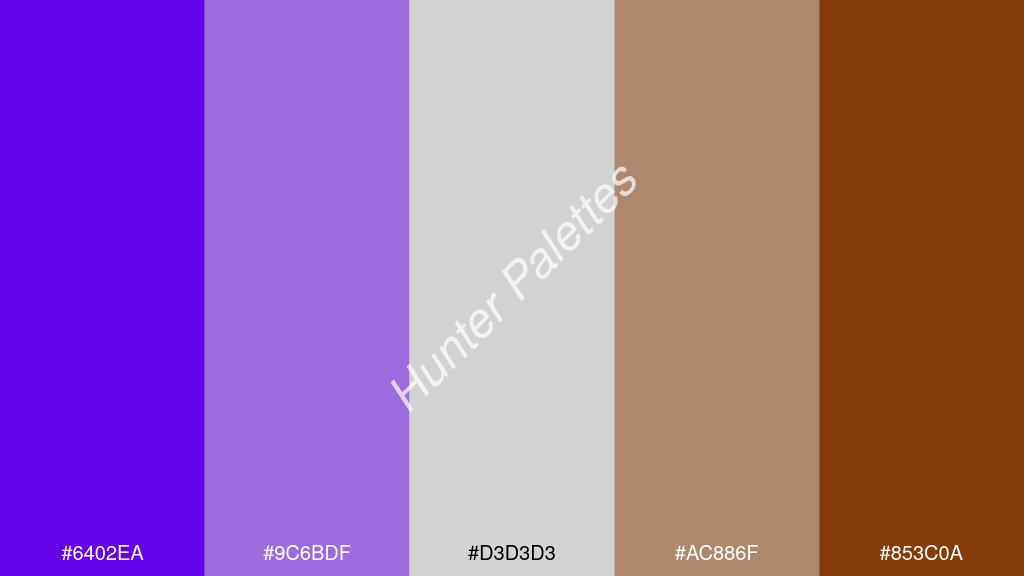 világos szürke szín palettája a következőkkel: #6402ea #9c6bdf #d3d3d3 #ac886f #853c0a