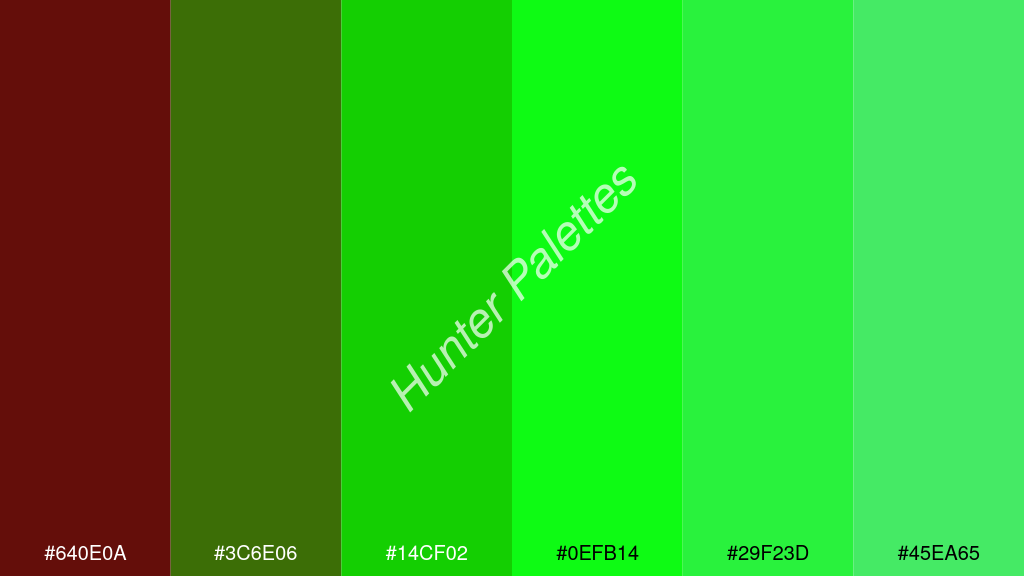 zöld szín palettája a következőkkel: #640e0a #3c6e06 #14cf02 #0efb14 #29f23d #45ea65