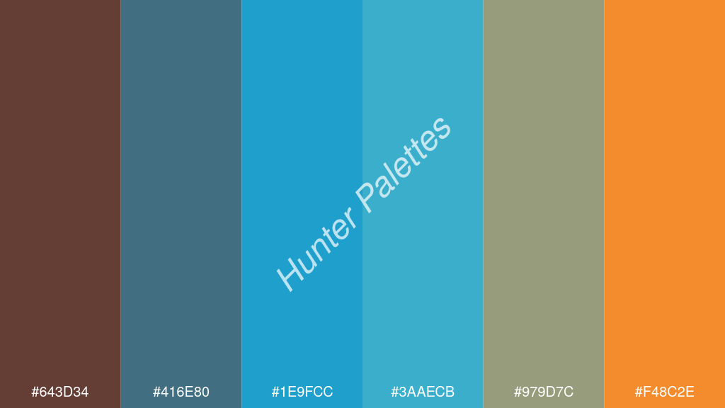 égszínkék szín palettája a következőkkel: #643d34 #416e80 #1e9fcc #3aaecb #979d7c #f48c2e