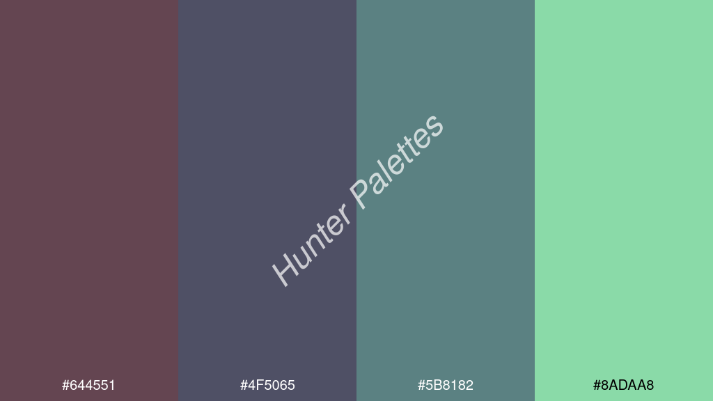 kékes szürke szín palettája a következőkkel: #644551 #4f5065 #5b8182 #8adaa8