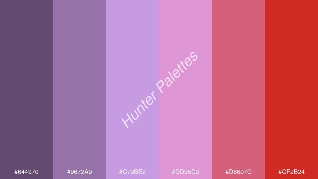 mályva szín palettája a következőkkel: #644970 #9672a9 #c79be2 #dd95d3 #d6607c #cf2b24