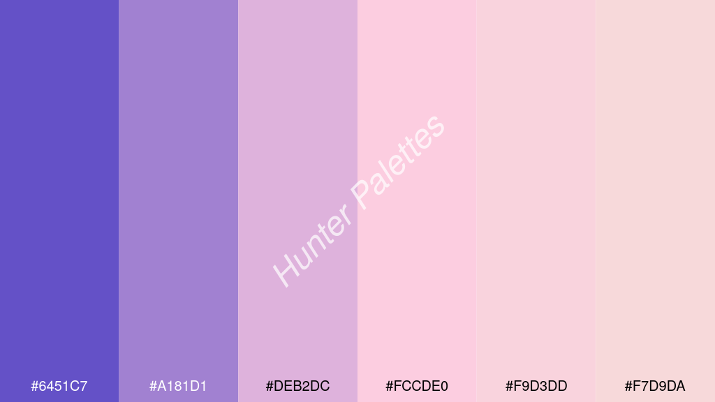 pasztell rózsaszín szín palettája a következőkkel: #6451c7 #a181d1 #deb2dc #fccde0 #f9d3dd #f7d9da