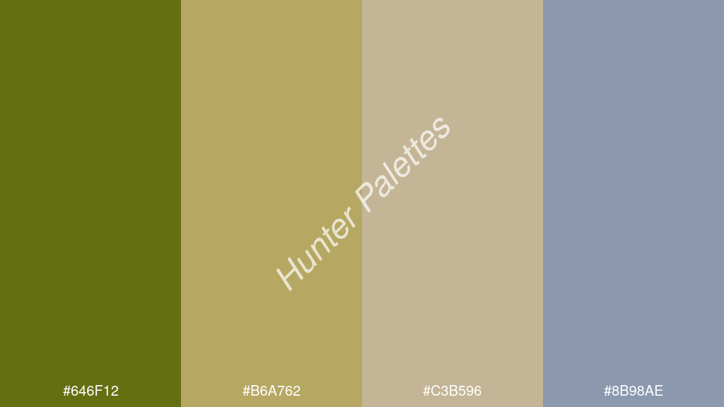 khaki szín palettája a következőkkel: #646f12 #b6a762 #c3b596 #8b98ae