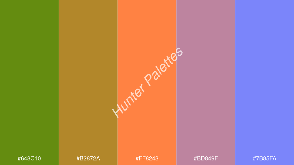 mangó szín palettája a következőkkel: #648c10 #b2872a #ff8243 #bd849f #7b85fa