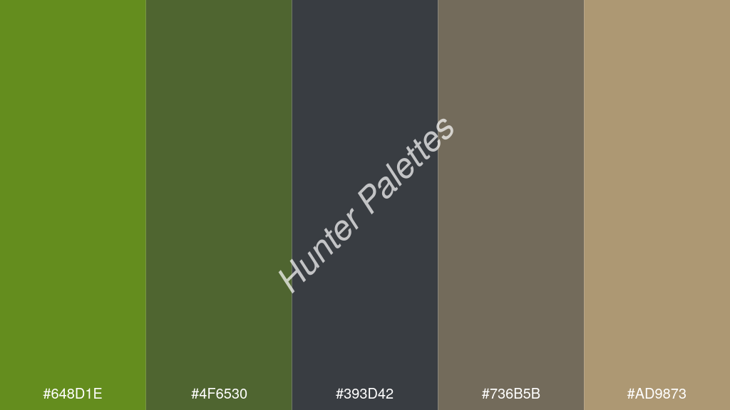 oxford szürke szín palettája a következőkkel: #648d1e #4f6530 #393d42 #736b5b #ad9873