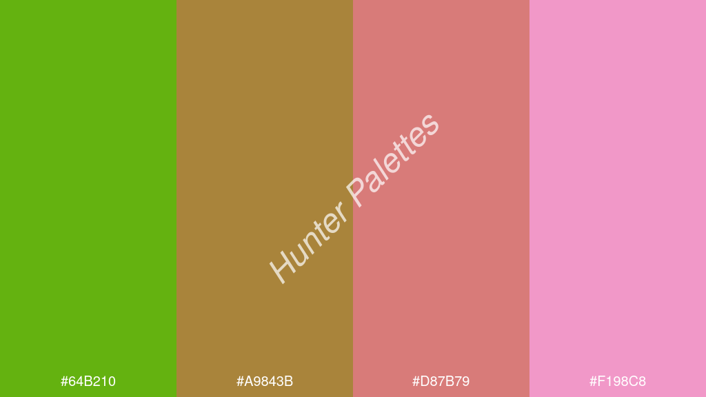 réz szín palettája a következőkkel: #64b210 #a9843b #d87b79 #f198c8