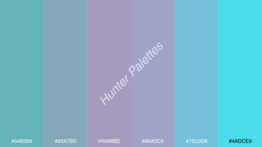 orgona szín palettája a következőkkel: #64b3b8 #85a7bb #a69bbe #a0a3c8 #75c0d9 #4adce9