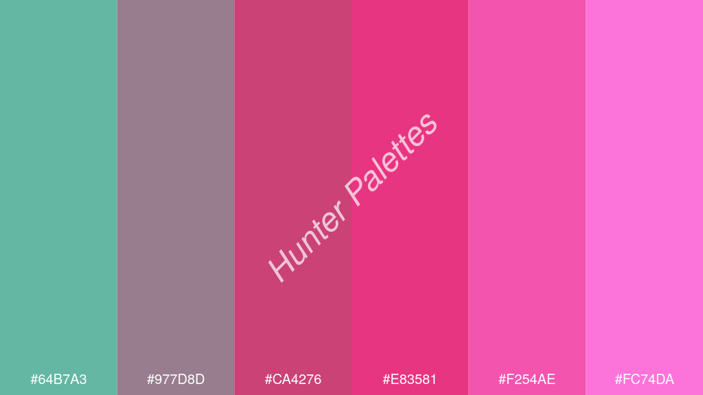 razzmatazz szín palettája a következőkkel: #64b7a3 #977d8d #ca4276 #e83581 #f254ae #fc74da