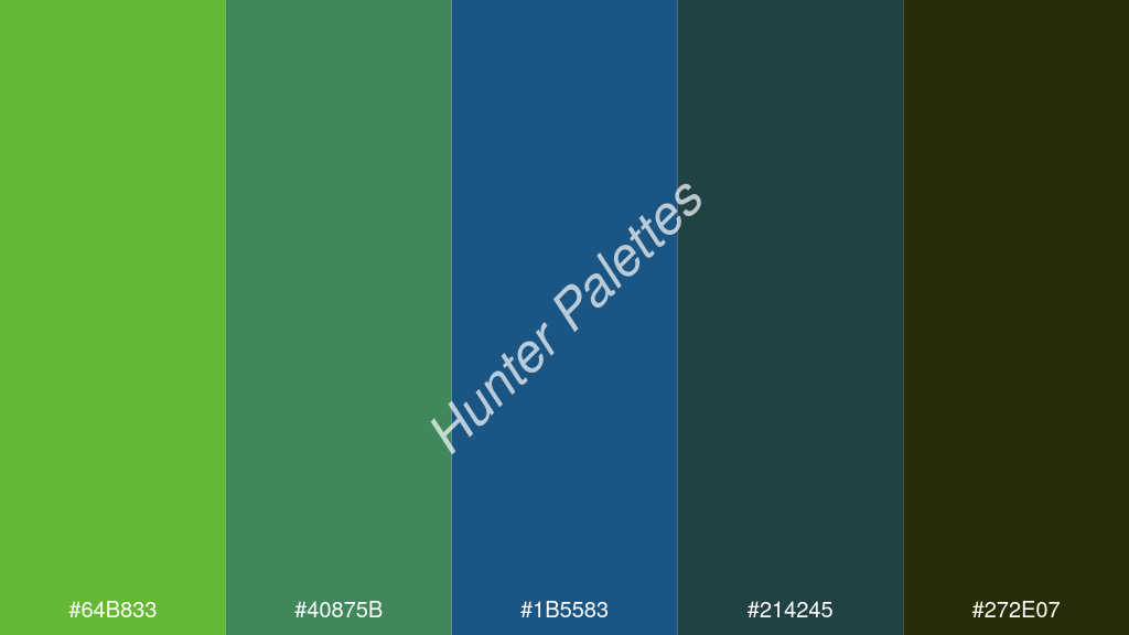 Capri kék szín palettája a következőkkel: #64b833 #40875b #1b5583 #214245 #272e07