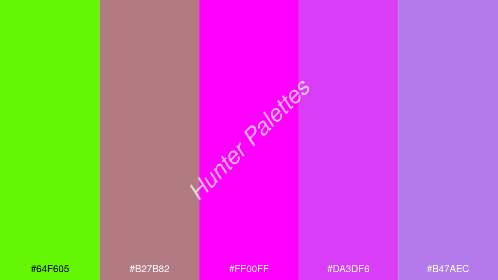 magenta szín palettája a következőkkel: #64f605 #b27b82 #ff00ff #da3df6 #b47aec