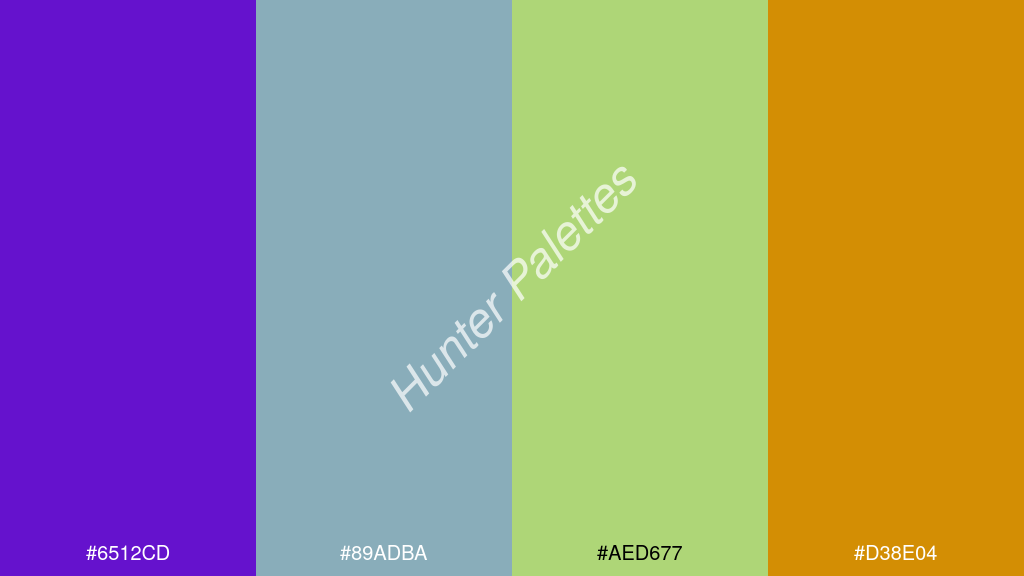 menta szín palettája a következőkkel: #6512cd #89adba #aed677 #d38e04