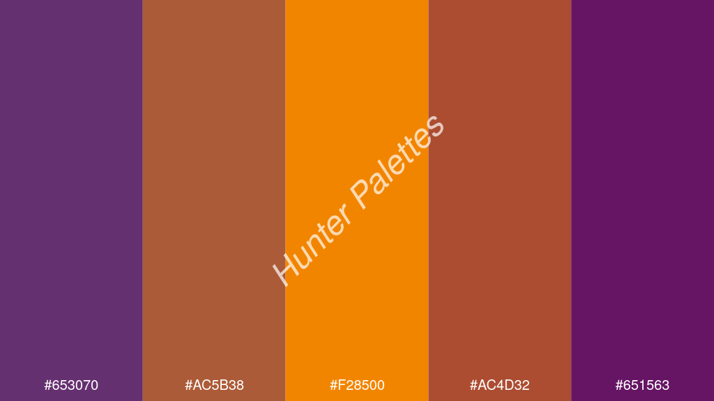 mandarin szín palettája a következőkkel: #653070 #ac5b38 #f28500 #ac4d32 #651563