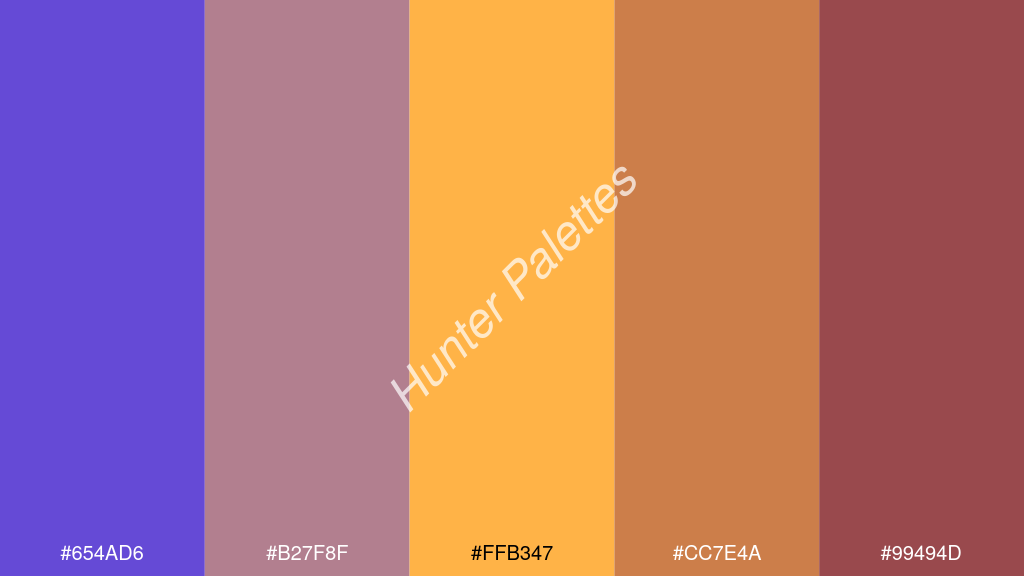 pasztell narancssárga szín palettája a következőkkel: #654ad6 #b27f8f #ffb347 #cc7e4a #99494d