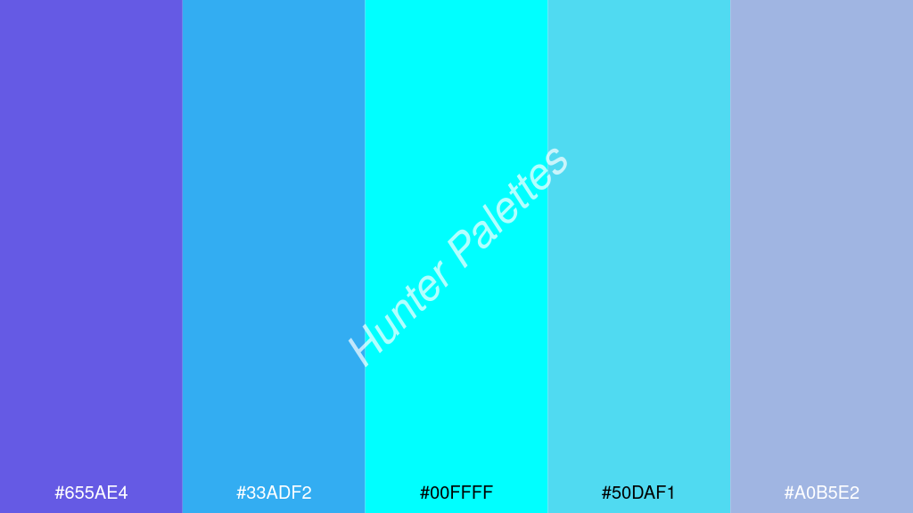 cián szín palettája a következőkkel: #655ae4 #33adf2 #00ffff #50daf1 #a0b5e2