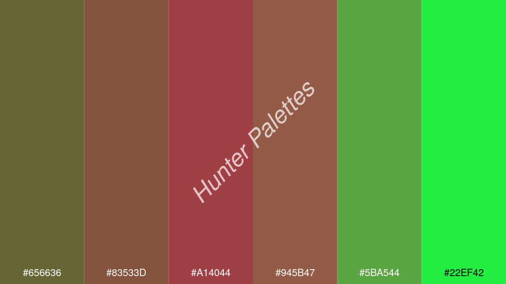 gránát szín palettája a következőkkel: #656636 #83533d #a14044 #945b47 #5ba544 #22ef42
