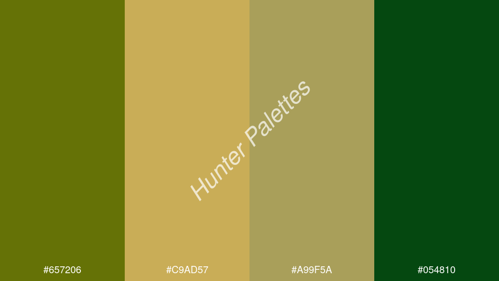 dinnye szín palettája a következőkkel: #657206 #c9ad57 #a99f5a #054810