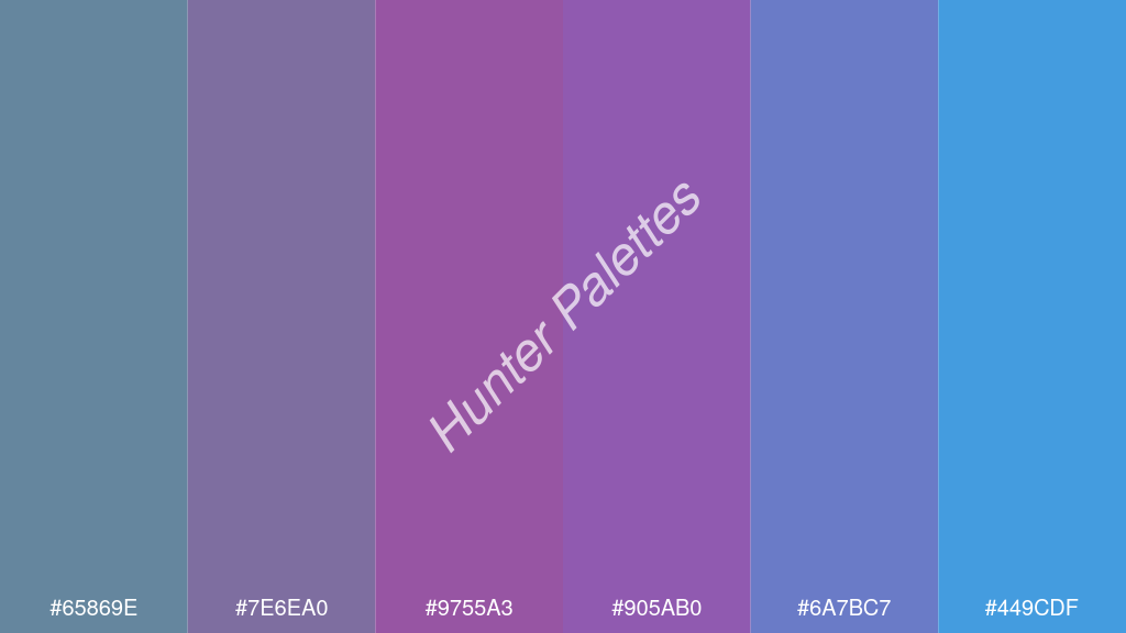 lila szín palettája a következőkkel: #65869e #7e6ea0 #9755a3 #905ab0 #6a7bc7 #449cdf