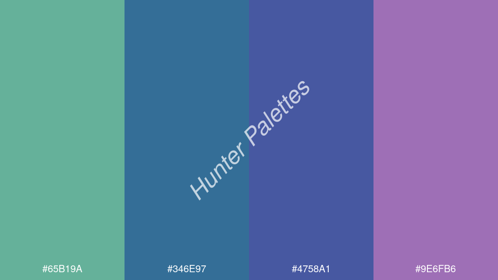 indigókék szín palettája a következőkkel: #65b19a #346e97 #4758a1 #9e6fb6