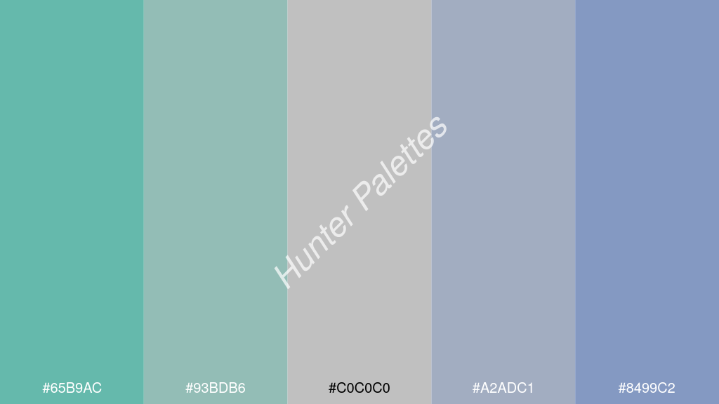 ezüstszürke szín palettája a következőkkel: #65b9ac #93bdb6 #c0c0c0 #a2adc1 #8499c2