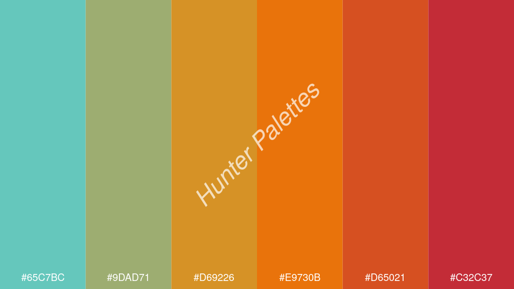 mandarin szín palettája a következőkkel: #65c7bc #9dad71 #d69226 #e9730b #d65021 #c32c37
