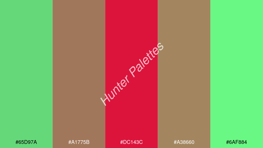 bíbor szín palettája a következőkkel: #65d97a #a1775b #dc143c #a38660 #6af884