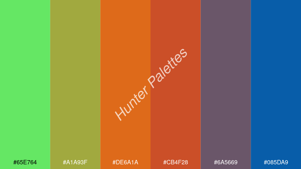 fluoreszkáló narancs szín palettája a következőkkel: #65e764 #a1a93f #de6a1a #cb4f28 #6a5669 #085da9