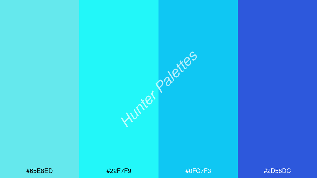 cián szín palettája a következőkkel: #65e8ed #22f7f9 #0fc7f3 #2d58dc