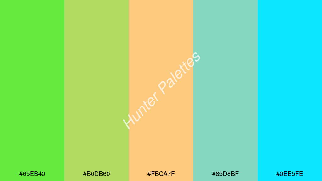 dinnye szín palettája a következőkkel: #65eb40 #b0db60 #fbca7f #85d8bf #0ee5fe