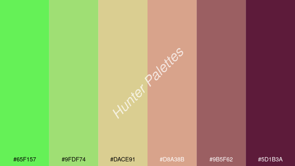 őszibarack szín palettája a következőkkel: #65f157 #9fdf74 #dace91 #d8a38b #9b5f62 #5d1b3a