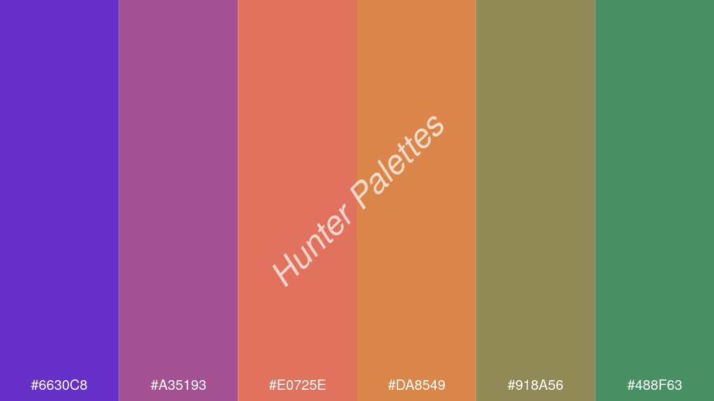 mangó szín palettája a következőkkel: #6630c8 #a35193 #e0725e #da8549 #918a56 #488f63