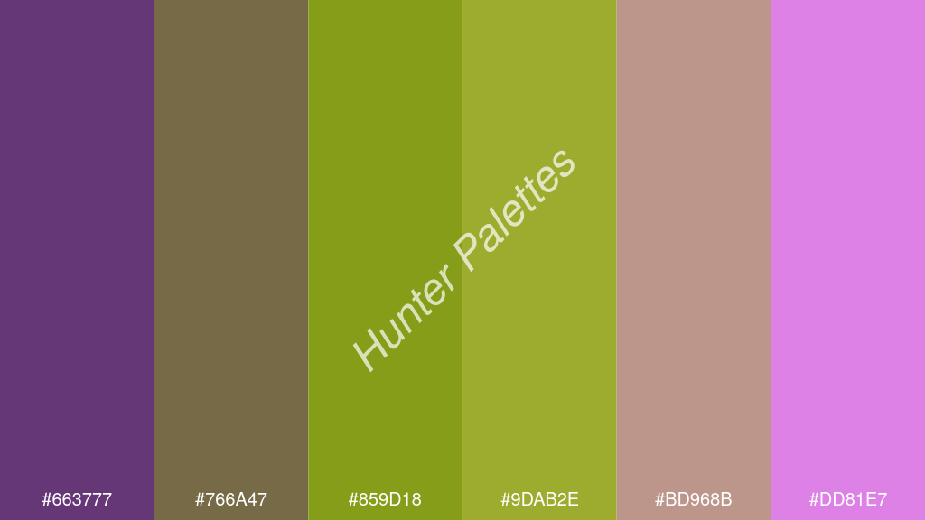 alma zöld szín palettája a következőkkel: #663777 #766a47 #859d18 #9dab2e #bd968b #dd81e7