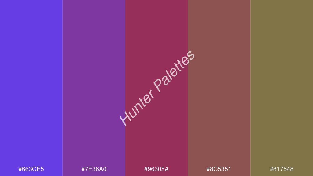 bordó szín palettája a következőkkel: #663ce5 #7e36a0 #96305a #8c5351 #817548