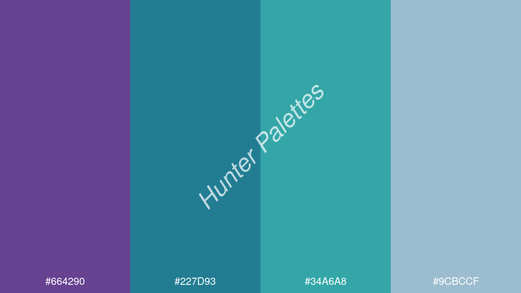 kékzöld szín palettája a következőkkel: #664290 #227d93 #34a6a8 #9cbccf
