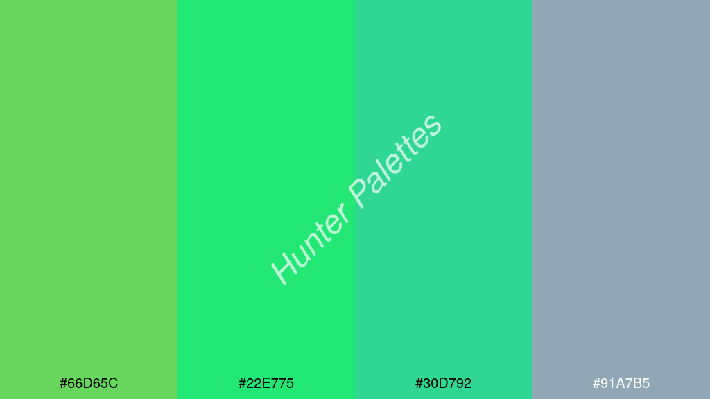 foszforeszkáló zöld szín palettája a következőkkel: #66d65c #22e775 #30d792 #91a7b5