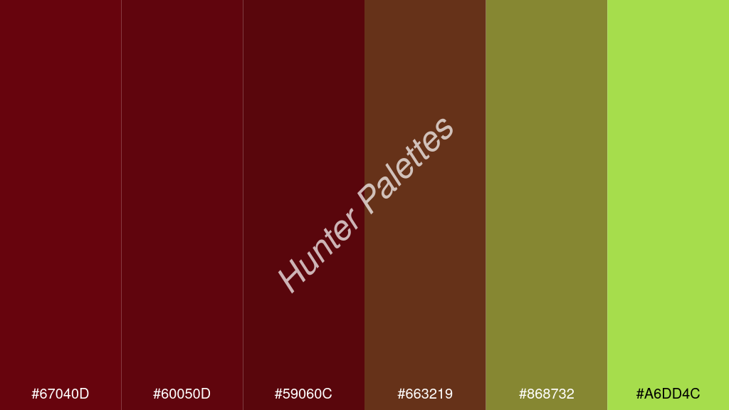 bor szín palettája a következőkkel: #67040d #60050d #59060c #663219 #868732 #a6dd4c